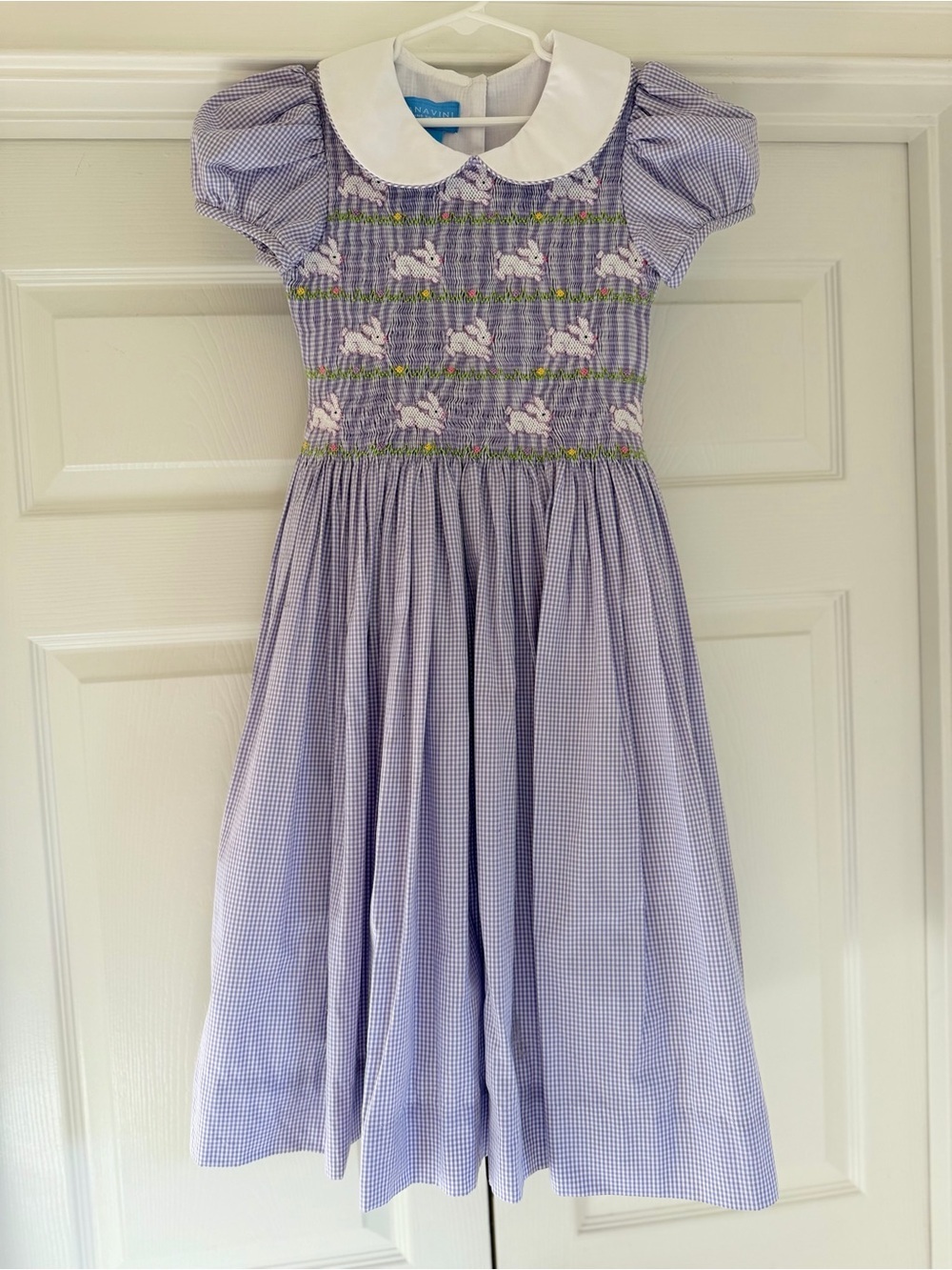 EUC Anavini Girls smocked bunny dress purple gingham size 8